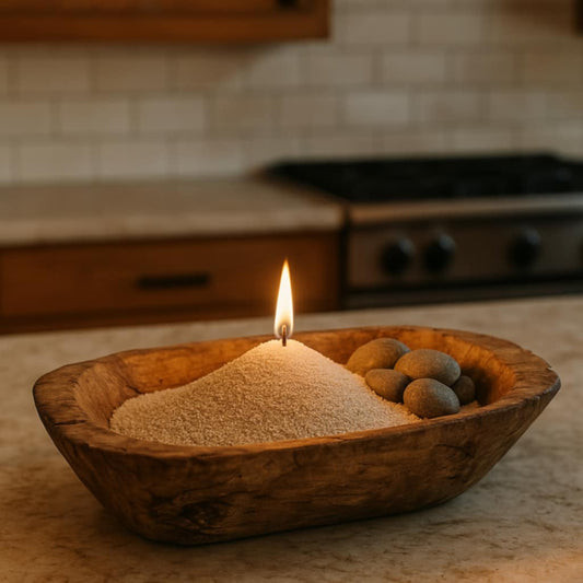 LumiZen candle sand burning in kitchen soft glow of candlelight in wooden dish
