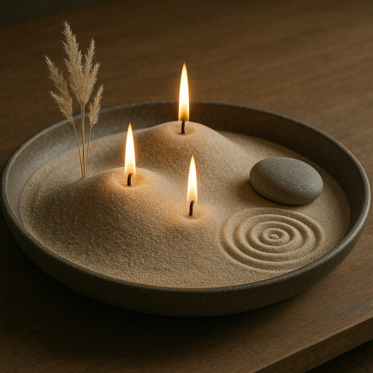 A softly lit bedside table featuring a ceramic bowl filled with white candle sand and a glowing wick. A raw quartz crystal sits beside it, surrounded by dried pampas grass in a white vase. The scene evokes calm, warmth, and intentional design.